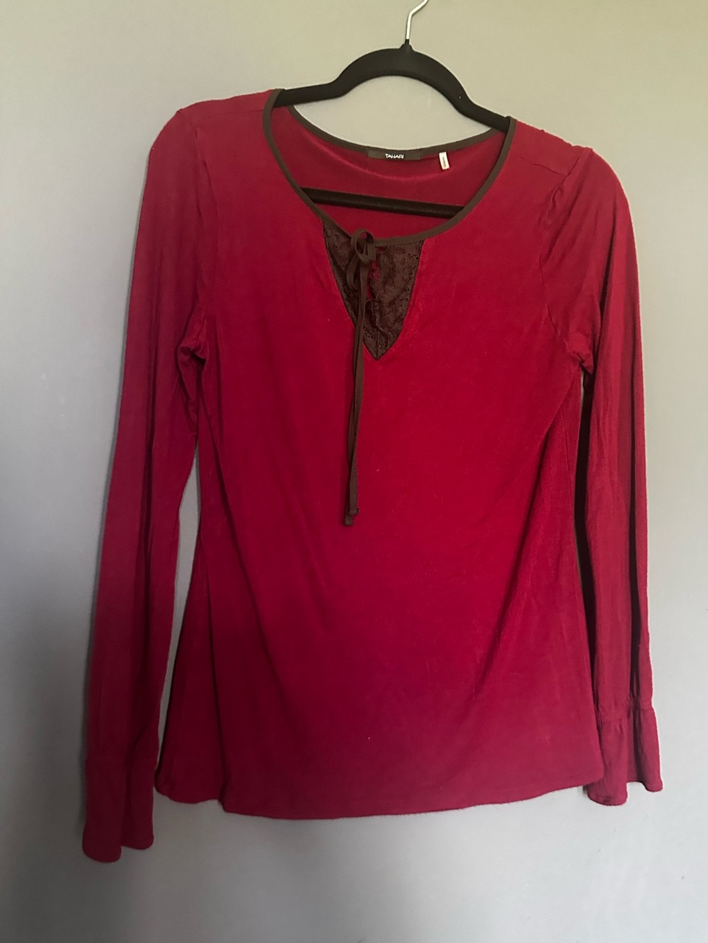 Tahari Deep Red Long Sleeve Lace-Trim Peasant Top